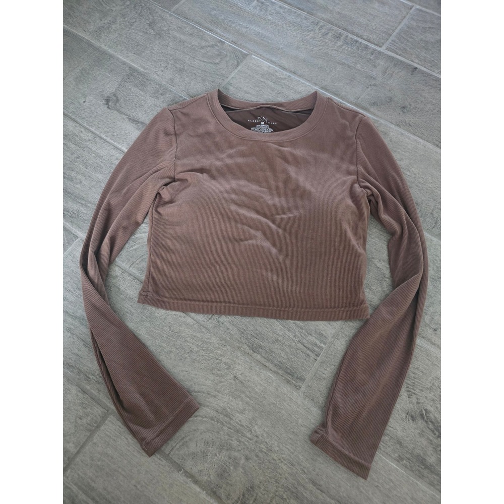 Klassy Network Brown Ribbed Long Sleeve Brami Top Built In Bra Size M Crop Crew
